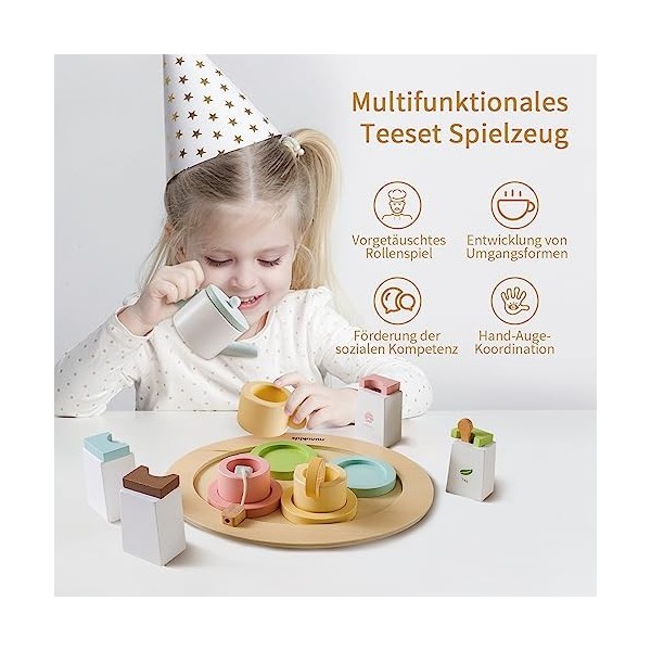 Mamimami Home Service à thé en bois - Jouet pour fête de thé - Cuisine de jeu - Accessoires - Service à thé - Cadeau pour enf