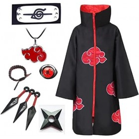 Déguisement Akatsuki Itachi Robe Cape, Tenue Manga Cosplay Bandeau Bague Collier Costume Accessoires Carnaval Homme Femme Fil