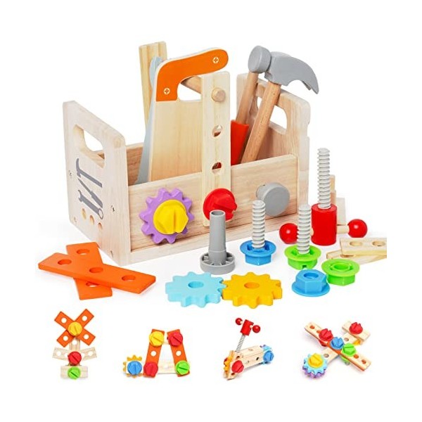 Boîte à outils pour enfants avec accessoires, banc de construction coloré, marteau, ensemble de jouets pour garçons et filles