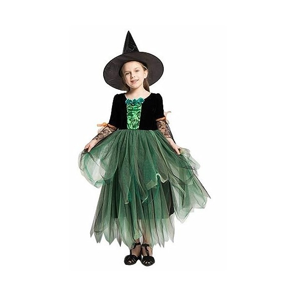 Licus Costume de sorcière dHalloween pour filles - Jeu de rôle - Déguisement de conte de fées - Vert - 4 à 6 ans