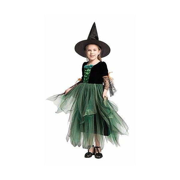 Licus Costume de sorcière dHalloween pour filles - Jeu de rôle - Déguisement de conte de fées - Vert - 4 à 6 ans