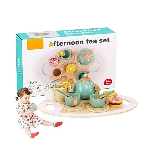 Foreverup Service à thé en bois pour tout-petits, ensemble de thé pour enfants avec plateau à dessert, théière, accessoires d