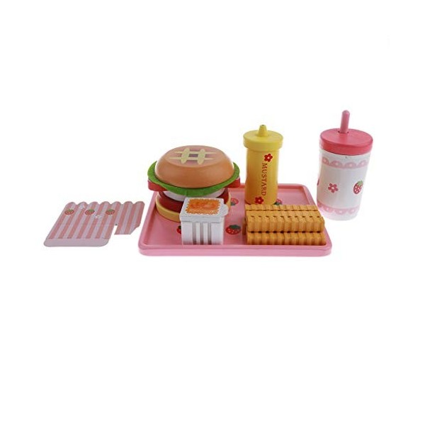 Backbayia 6pcs Alimentaire Playset Jouet de Cuisine Hamburger Hot-Dog en Bois