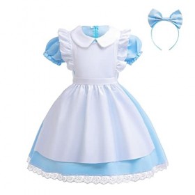 Lito Angels Deguisement Robe Costume Alice au pays des merveilles avec Tablier Blanc et Bandeau pour Enfant Fille Taille 5-6 