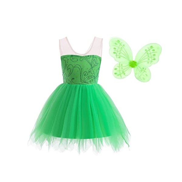 Lito Angels Deguisement Costume Fée Clochette, Robe de Fee Verte avec Ailes de Papillon pour Enfant Fille, Taille 2-3 ans