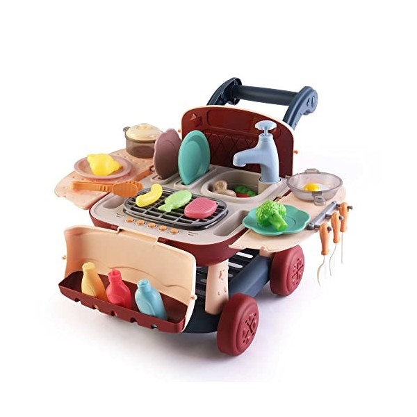 ROBINCOOL Cuisine de jeu 2 en 1 avec circuit deau Kitchen Cart 39 x 23 x 27 cm avec chariot de courses avec lumières 14 acce