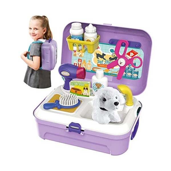 HERSITY Malette Veterinaire Enfant avec Peluche Chien Jeux Dimitation pour Toilettage de Chien Cadeaux danniversaire pour E