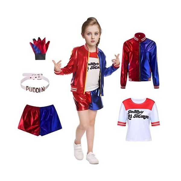 Déguisement Quinn Outfit Enfant Femme Squad Costume de Méchant dHalloween Fille avec Gants, Veste, T-shirt, Short Sur Le Thè