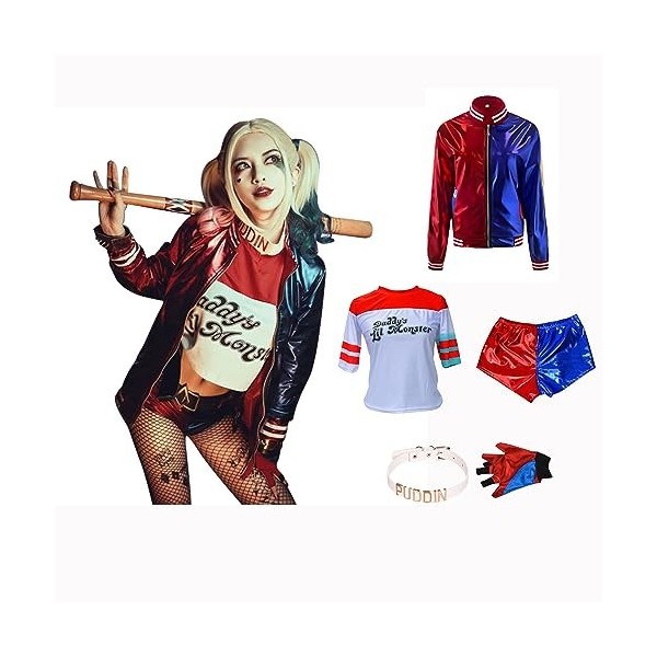 Déguisement Quinn Outfit Enfant Femme Squad Costume de Méchant dHalloween Fille avec Gants, Veste, T-shirt, Short Sur Le Thè