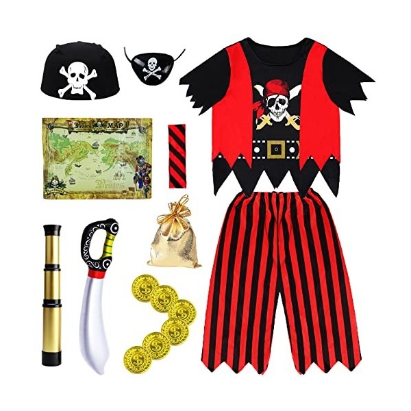 Costume de pirate pour enfant garçon - 134 à 140 cm - Costume dHalloween pour enfant garçon - Avec cache-œil - Foulard pour 