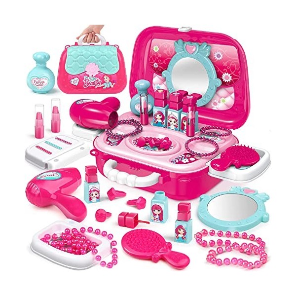 Delex Ensemble de maquillage 2 en 1 pour jeux de rôle et bijoux pour filles avec coiffeuse Rose princesse Mini étui de transp