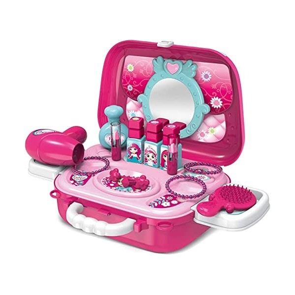 Delex Ensemble de maquillage 2 en 1 pour jeux de rôle et bijoux pour filles avec coiffeuse Rose princesse Mini étui de transp