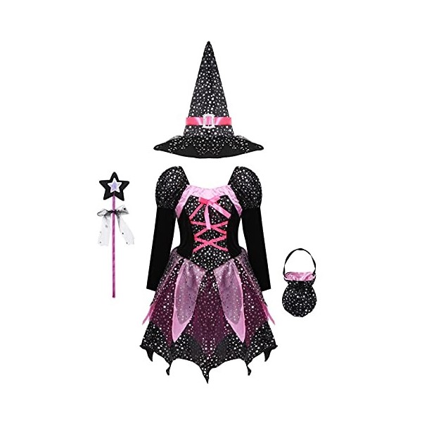 IEFIEL Ensembles Bebe Enfant Costume de Sorcière Halloween Déguisement Deluxe Filles Pâques Robe Avec Chapeau Baguette Sac De