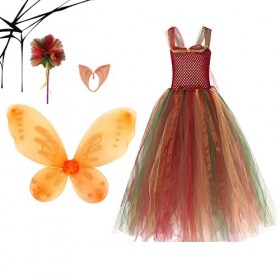 TONGFENG Robe aile de fée pour fille | Costume de fée elfe pour | 4 pièces fée ailes tenue avec ailes fée bâton oreille ensem