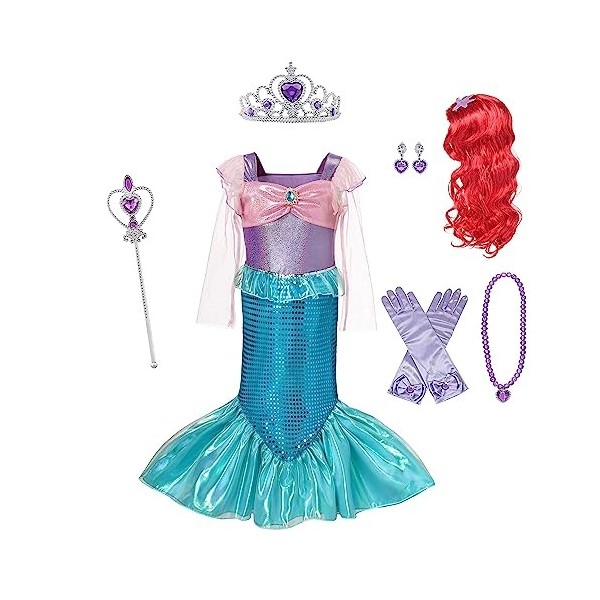 Jolly Fancy - Déguisement Princesse Ariel Sirène Costume Robe avec Perruque et Accessoires pour Enfants Filles Taille 5-6 ans