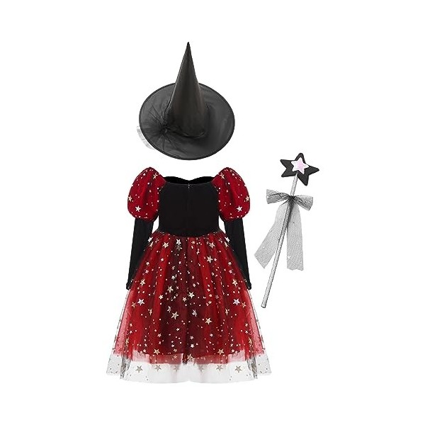 ranrann Déguisement Sorcière Fille Enfant Robe avec Accessoires Halloween Chapeau de Sorcière Sac à Bonbons Baguette Magique 