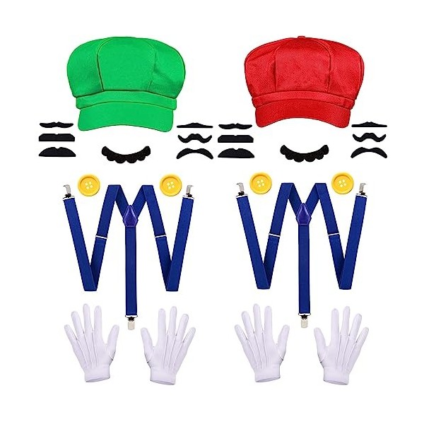 Lot de 2 accessoires de costume de Super Brother Mario et Luigi pour enfants, kit de jeu vidéo avec chapeau, gants, moustache