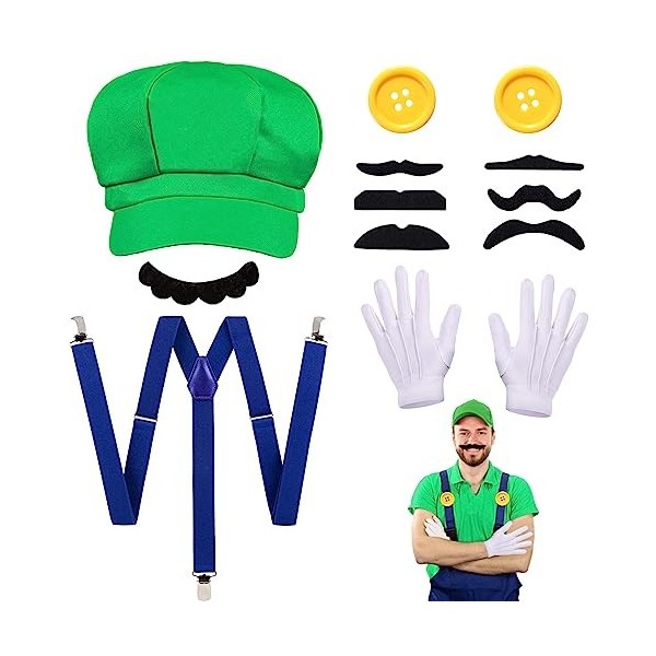 Lot de 2 accessoires de costume de Super Brother Mario et Luigi pour enfants, kit de jeu vidéo avec chapeau, gants, moustache