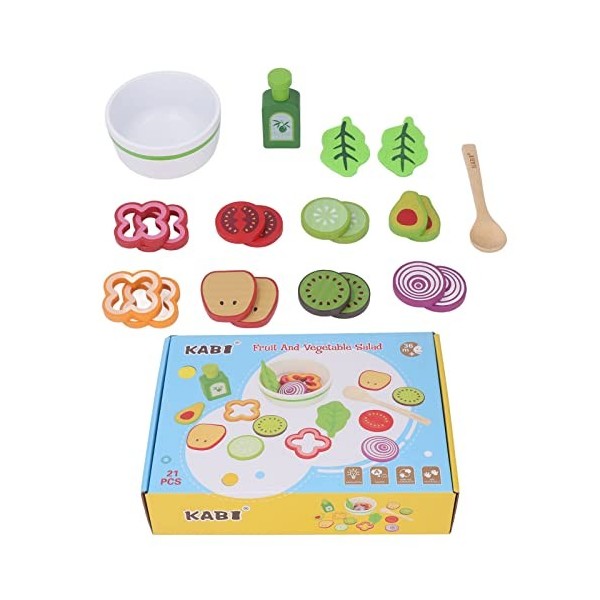 SUNGOOYUE Salade de Fruits Légumes Jouet, Jouet de Salade de Fruits en Bois Jeu éducatif Accessoires de Cuisine Jouet pour En