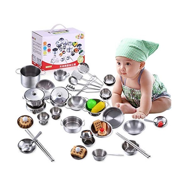 Jouets de Cuisine avec Casseroles et Poêles en Acier Inoxydable - Grands Casseroles et Poêles pour Enfants Cuisine Pretend Pl