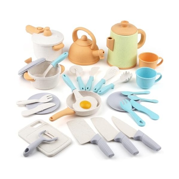 Dreamon Accessoire Cuisine Enfant, 26 Pièces Cuisine Enfant Ensemble, Jouet Casseroles et Poêles Diverses Façons de Jouer, Di