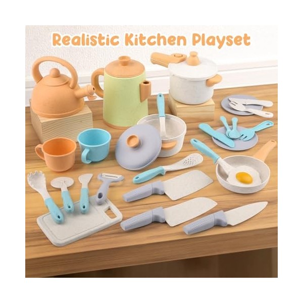 Dreamon Accessoire Cuisine Enfant, 26 Pièces Cuisine Enfant Ensemble, Jouet Casseroles et Poêles Diverses Façons de Jouer, Di