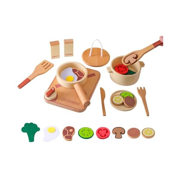 Smartwo Accessoire Cuisine Enfant en Bois Jouet de Casseroles et Poêles Ustensiles de Dinettes Jouet déveil, Jeu de rôle, Jo