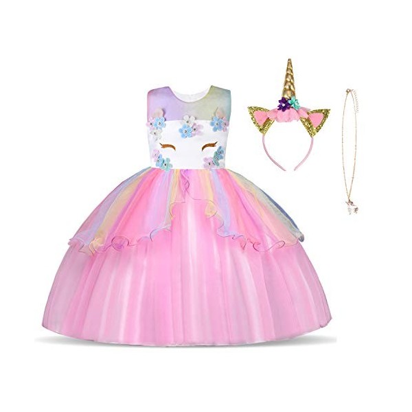 URAQT Robe Licorne Enfant de Princesse, Robes Licorne Fille avec Volants, pour Cosplay et Le Mariage et Les Parties et Hallow