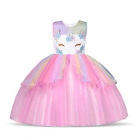 URAQT Robe Licorne Enfant de Princesse, Robes Licorne Fille avec Volants, pour Cosplay et Le Mariage et Les Parties et Hallow