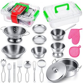 19 Pcs Jouets de Simulation de Cuisine Ustensiles de Cuisine en Acier Inoxydable Mini Accessoires de Cuisine de Jeu Set de Jo