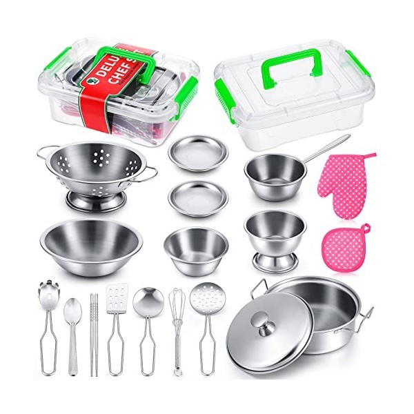 19 Pcs Jouets de Simulation de Cuisine Ustensiles de Cuisine en Acier Inoxydable Mini Accessoires de Cuisine de Jeu Set de Jo