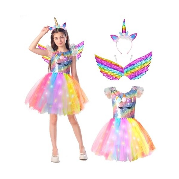 ZUCOS Costume de licorne pour fille avec lumières - Robe tutu - Robe de princesse pour anniversaire, Halloween, carnaval 4-6