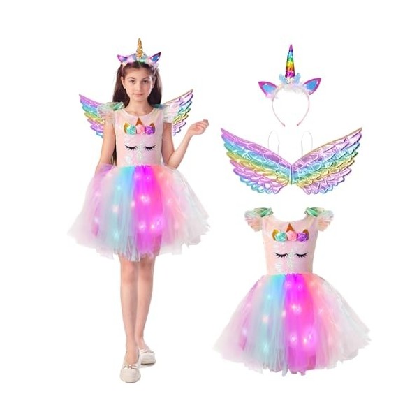 ZUCOS Costume de licorne pour fille avec lumières - Robe tutu - Robe de princesse pour anniversaire, Halloween, carnaval 4-6