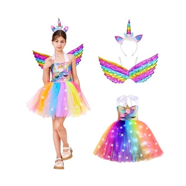 ZUCOS Costume de licorne pour fille avec lumières - Robe tutu - Robe de princesse pour anniversaire, Halloween, carnaval 4-6