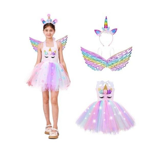 ZUCOS Costume de licorne pour fille avec lumières - Robe tutu - Robe de princesse pour anniversaire, Halloween, carnaval 4-6