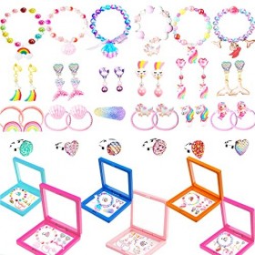 41pcs Bijoux Enfants Fille Bagues Bracelets clip sur boucle d’oreille Enfants Filles avec Licorne Arc-en-ciel sirène Princess