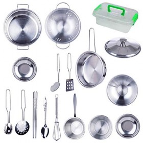 OATop 17Pcs Jouets de Cuisine, Jouet Simulation Ustensile de Cuisine en Acier Inoxydable, Secure Accessoires de Cuisine, Jeu 