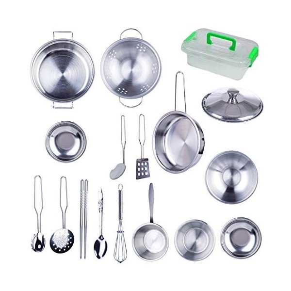 OATop 17Pcs Jouets de Cuisine, Jouet Simulation Ustensile de Cuisine en Acier Inoxydable, Secure Accessoires de Cuisine, Jeu 