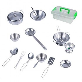 OATop 17Pcs Jouets de Cuisine, Jouet Simulation Ustensile de Cuisine en Acier Inoxydable, Secure Accessoires de Cuisine, Jeu 
