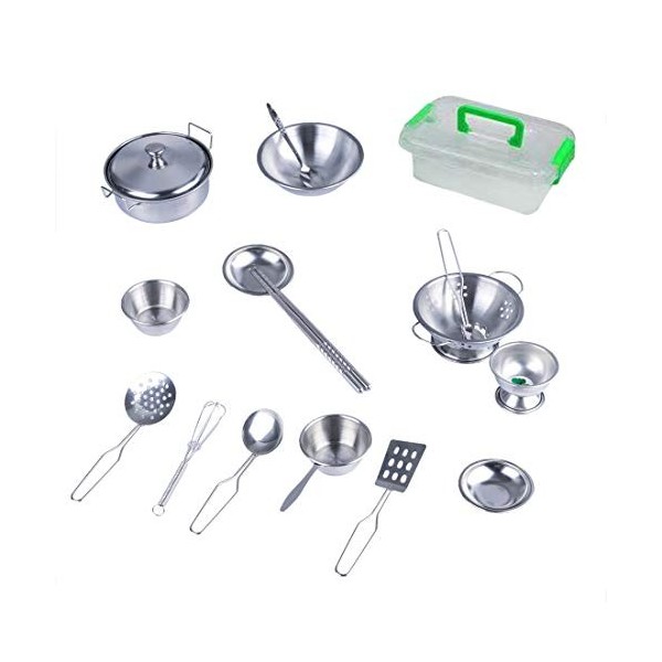 OATop 17Pcs Jouets de Cuisine, Jouet Simulation Ustensile de Cuisine en Acier Inoxydable, Secure Accessoires de Cuisine, Jeu 