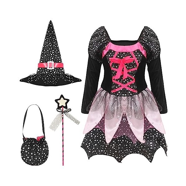 Partymall Costume de sorcière pour fille - Vêtements avec étoiles - Chapeau de sorcière, sac, baguette magique pour Halloween