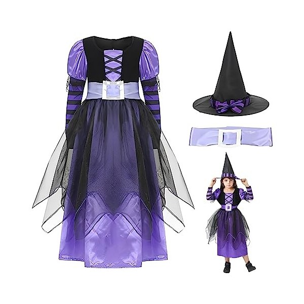 Partymall Costume de sorcière pour fille à manches longues avec chapeau de sorcière pour Halloween, cosplay, robe de sorcière