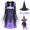 Partymall Costume de sorcière pour fille à manches longues avec chapeau de sorcière pour Halloween, cosplay, robe de sorcière