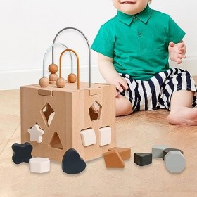 Perfeclan Centre dactivités en bois, cube dactivité pour bébé, blocs de forme Montessori pour le développement précoce pour