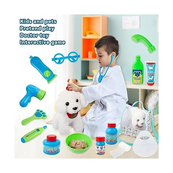 majs Jeu pour Animaux Compagnie,Jouets vétérinaires pour Chiot - Kit médecin pour avec stéthoscope, seringue, thermomètre, Ba