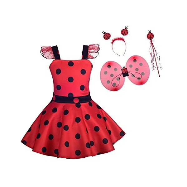 Lito Angels Deguisement Ladybug Coccinelle avec Ailes et Accessoires Enfant Fille, Robe Rouge à Pois Anniversaire Fete Carnav