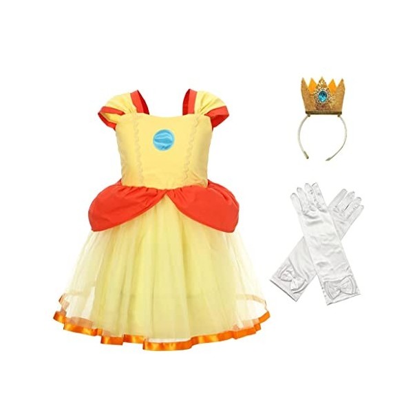 Lito Angels Deguisement Robe Princesse Peach pour Bebe Fille avec Couronne et Gants Taille 3-6 mois, Jaune étiquette en tiss