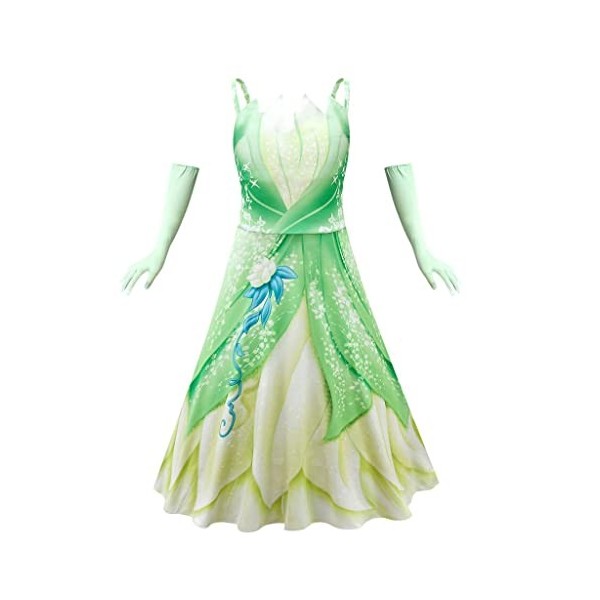 Lito Angels Deguisement Costume Robe de Princesse Tiana avec Gants pour Enfant Fille, Taille 3-4 ans, Vert étiquette en tiss