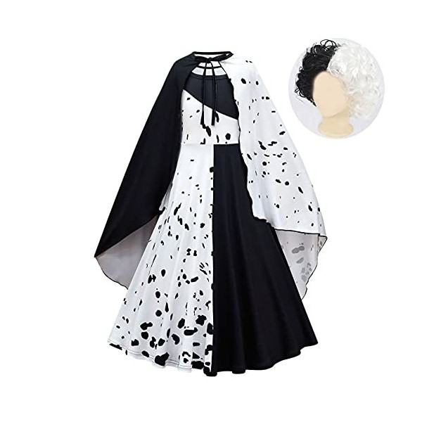 Lito Angels Deguisement Costume Cruella Robe à Pois Dalmatien Noir et Blanc pour Enfant Fille, Taille 9-10 ans