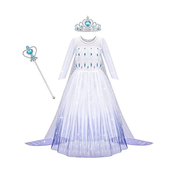 AOOWU Elsa Costume pour enfant fille Elsa Anna Princesse Robe pour enfant avec couronne baguette magique Déguisement de fête 